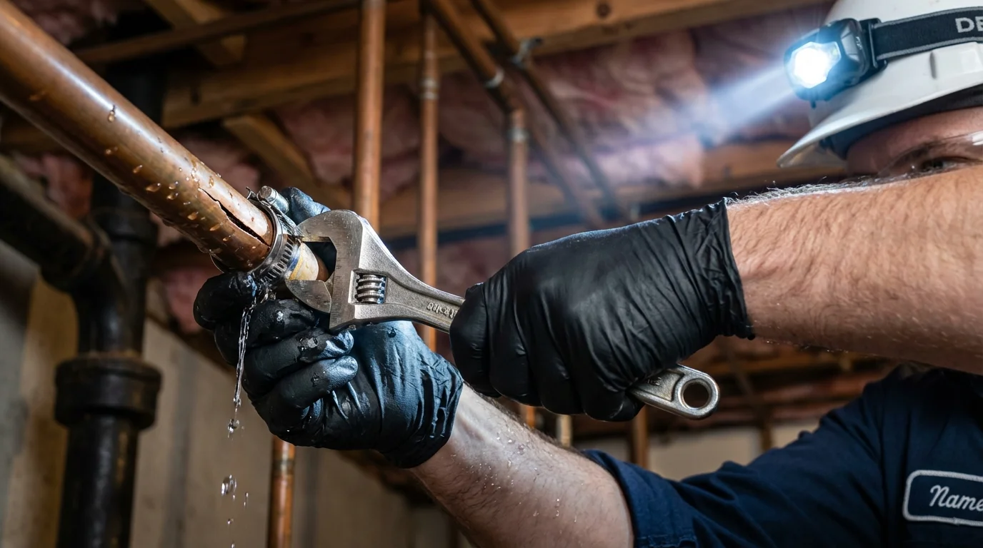 Emergency pipe clamp repair being performed by a Johns Plumbing LLC plumber in Schofield Barracks